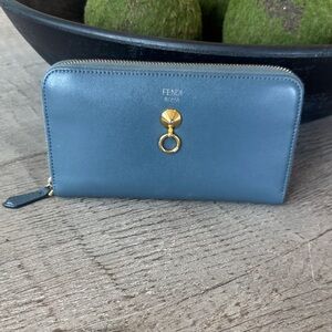 Fendi Blue Leather Zip Wallet with Gold Ring Detail